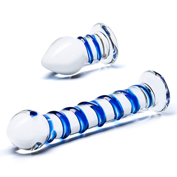 Glas - Double Penetration Glass Swirly Dildo &amp; Butt Plug Set 2 st.