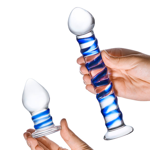 Glas - Double Penetration Glass Swirly Dildo &amp; Butt Plug Set 2 st.