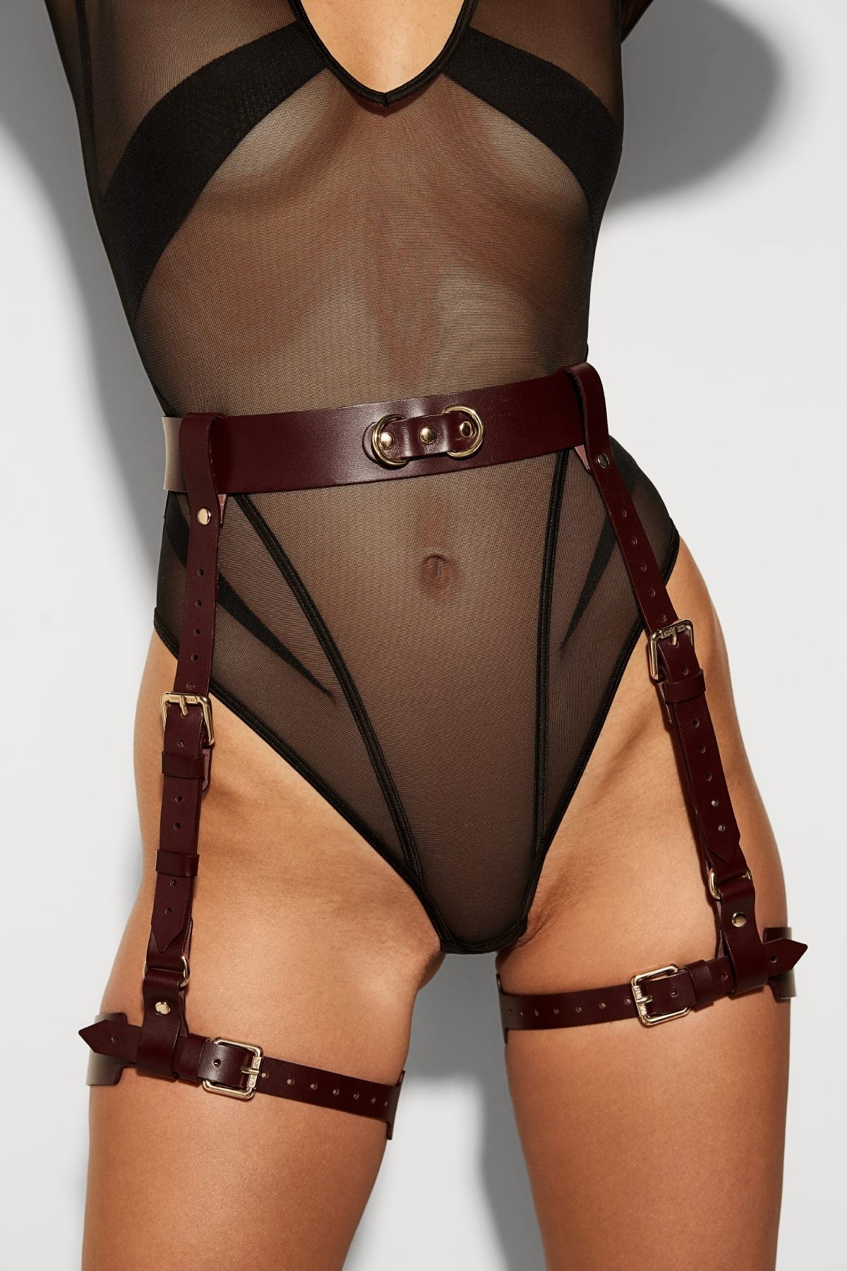 MARIEMUR - Lina Leren Benen Jarretels In Burgundy - Maat: Small - Luxe Lingerie